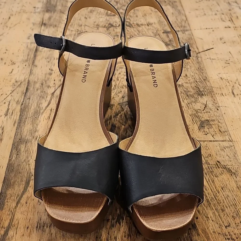 LUCKY BRAND Zashti Black Wedge Leather Studded Slingback Sandal Size‎ 10 NWOT